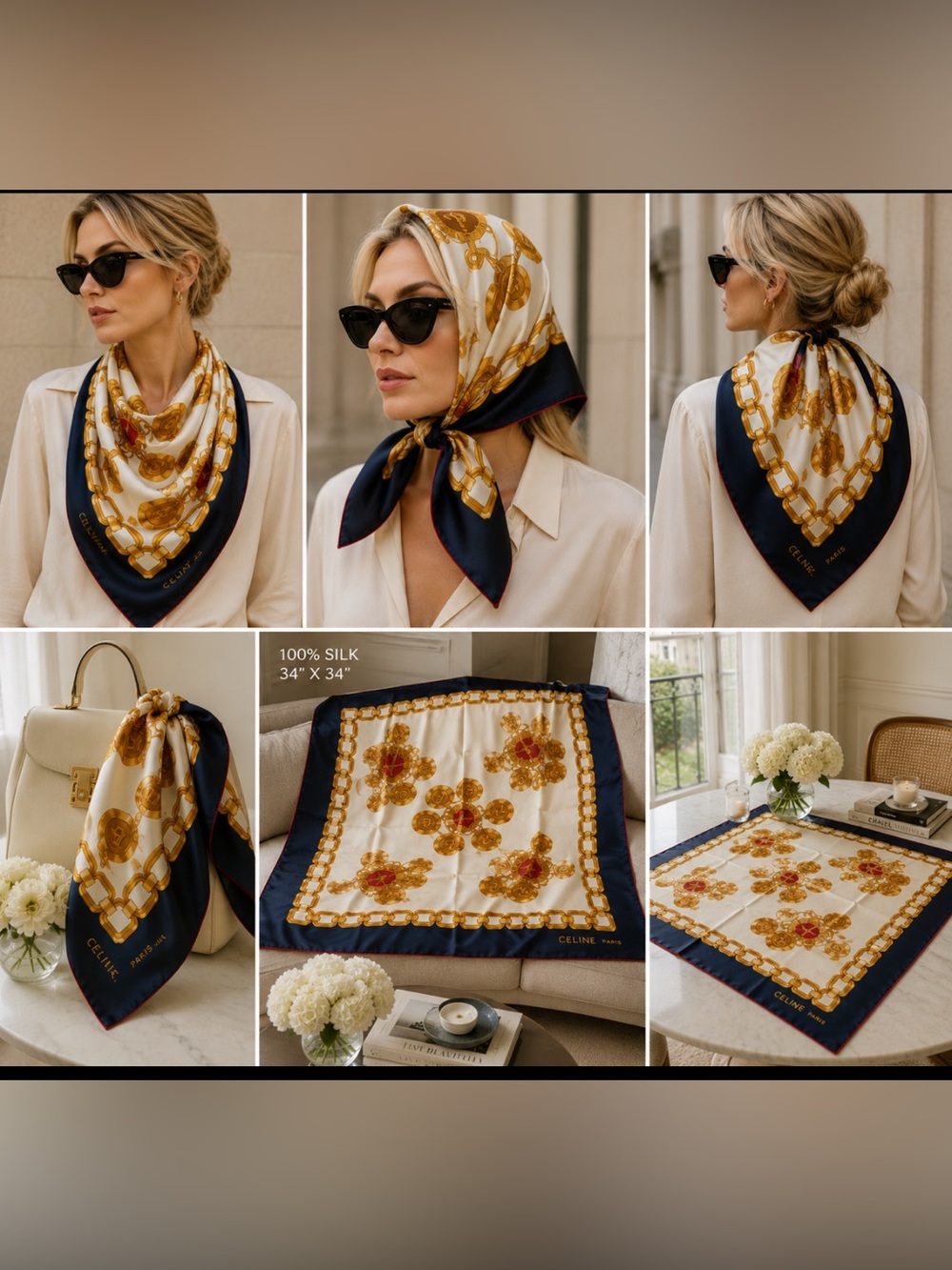 Celine Navy, White & Gold Chain Motif Silk Scarf 34” x 34” EUC